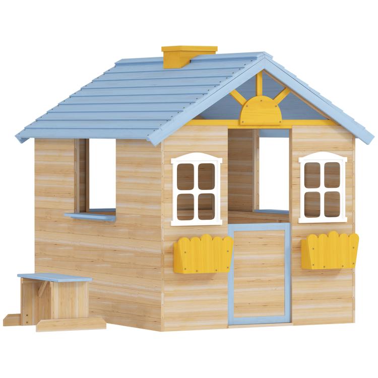 Kids wooden playhouse with blue roof, working door, windows, and yellow accents