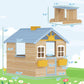 Wooden kids playhouse size diagram with blue roof, door, windows, and bench