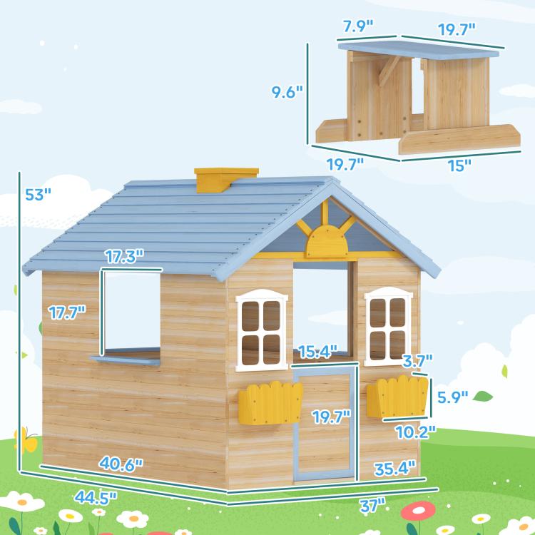 Wooden kids playhouse size diagram with blue roof, door, windows, and bench