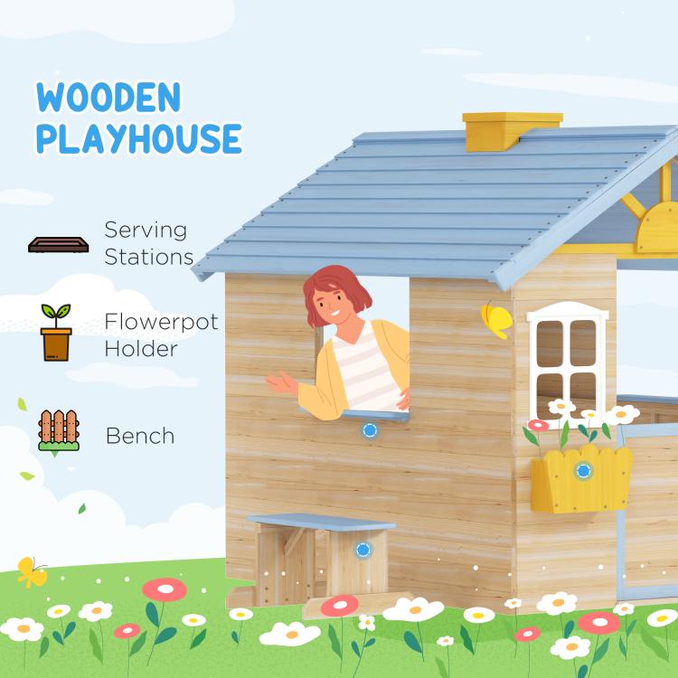 Wooden playhouse with blue roof, service station window, flower pot holder, and bench