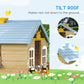 Wooden playhouse with blue slanted roof over front door and windows, close-up