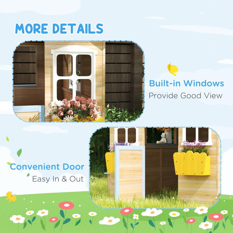 Kids wooden playhouse showing built-in windows and convenient front door