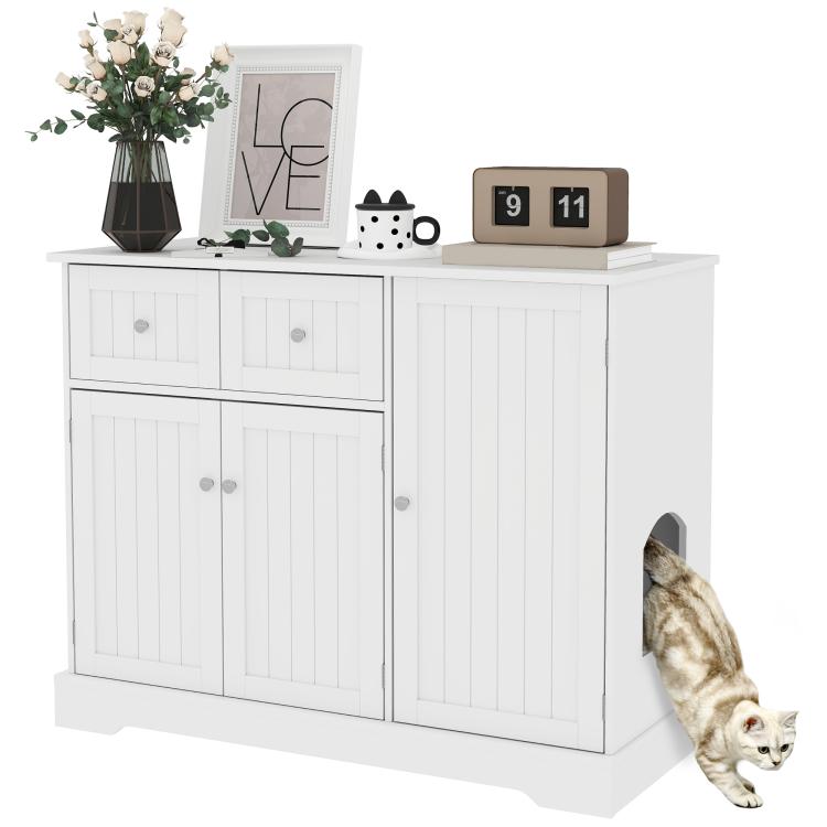 White cat litter box enclosure cabinet with drawers and two door compartments