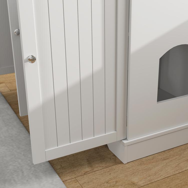 White cat litter box enclosure front panel with side door and access opening