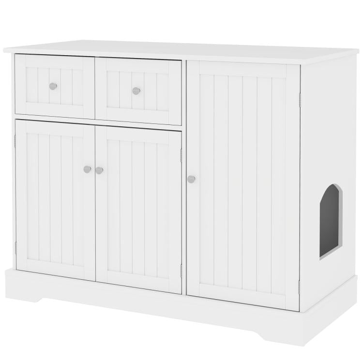 White cat litter box enclosure cabinet with two drawers, two doors, and side access window