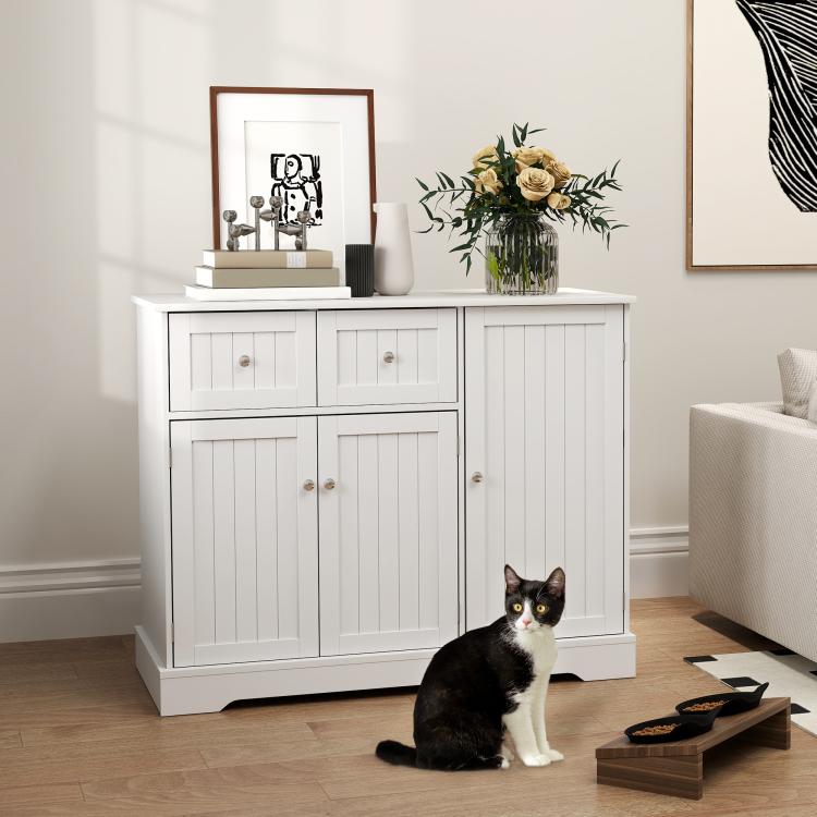 White cat litter box enclosure cabinet with two top drawers and two lower doors