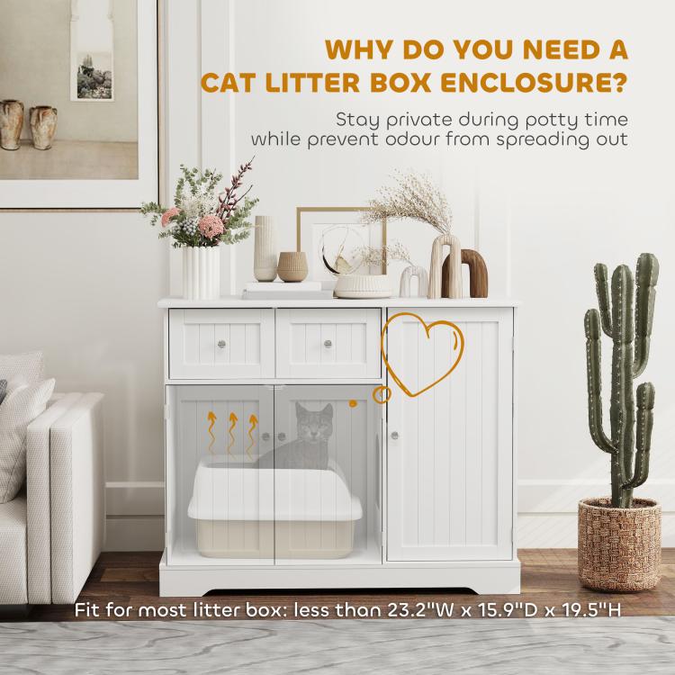 White cat litter box enclosure with litter compartment and enclosed doors for cats
