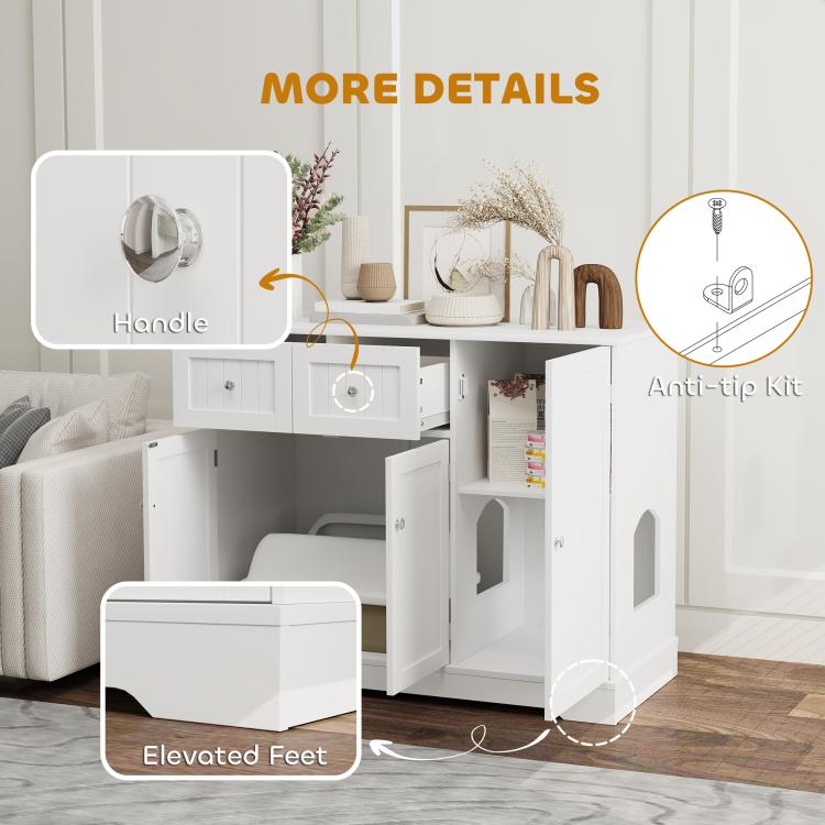 White cat litter box enclosure detail view with handle, anti-tip kit, and elevated feet
