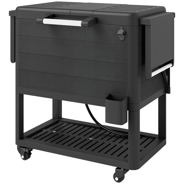 Black rolling cooler cart with hinged lid, side handle, and lower shelf on wheels.
