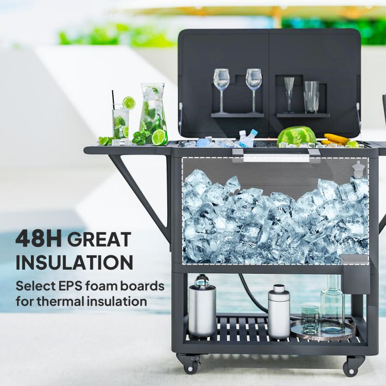 Black rolling cooler cart with open lid, ice bin, and upper cup-and-glass storage.