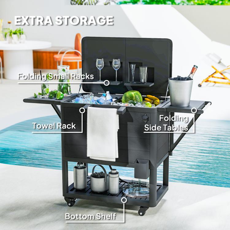 Black cooler cart with open lid, folding side tables, towel rack, and bottom shelf.