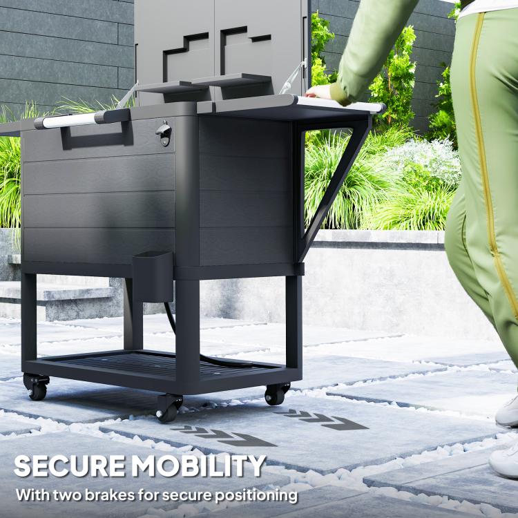 Black rolling outdoor cooler cart with two-wheel brakes and open side prep bar.