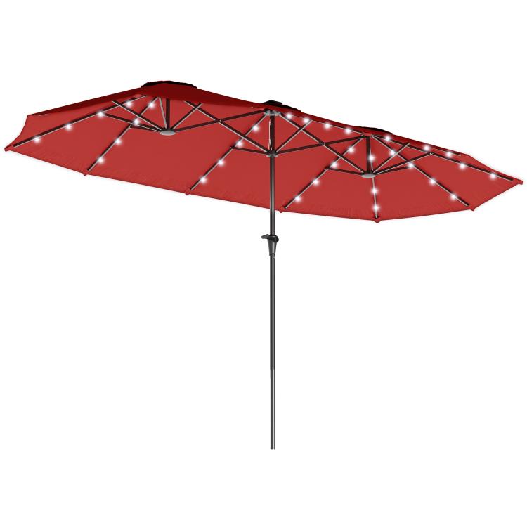 Wine red double-sided patio market umbrella with metal ribs and solar light strings