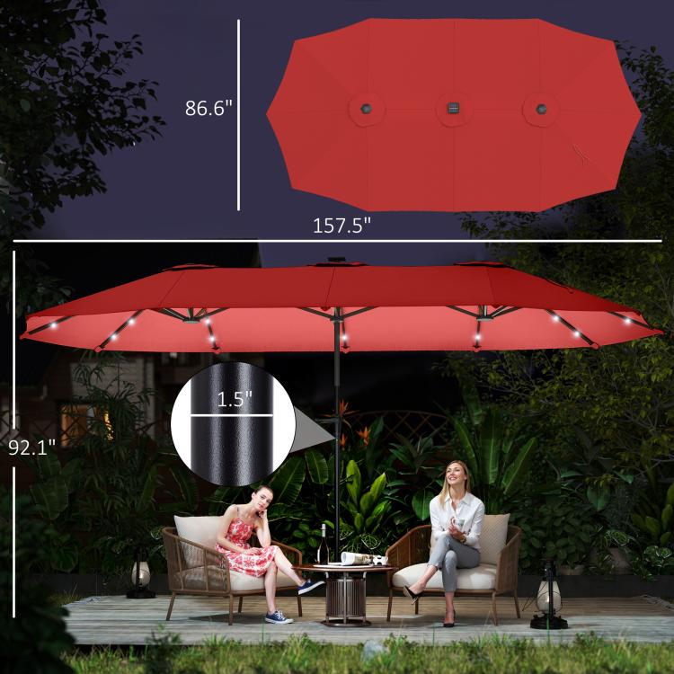 Wine red market umbrella with solar LED lights and overall size dimensions