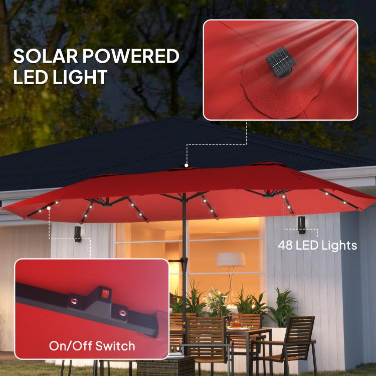 Wine red patio umbrella showing solar LED light panels and on/off switch