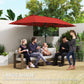 Wine red large patio market umbrella providing shade over an outdoor seating area