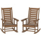 Set of two brown outdoor rocking chairs with tall slatted high backs and armrests
