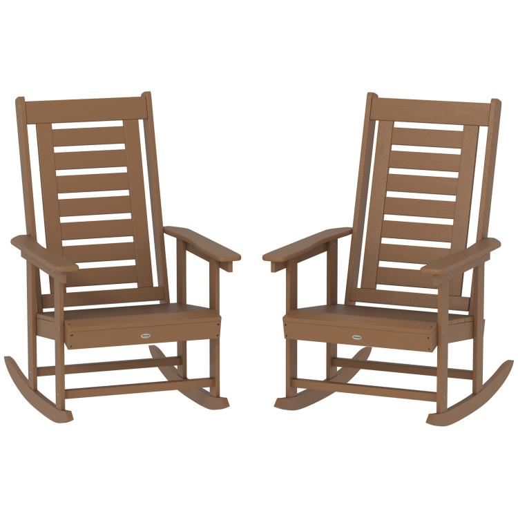 Set of two brown outdoor rocking chairs with tall slatted high backs and armrests