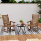 Two brown outdoor rocking chairs with high slatted backs and wide armrests