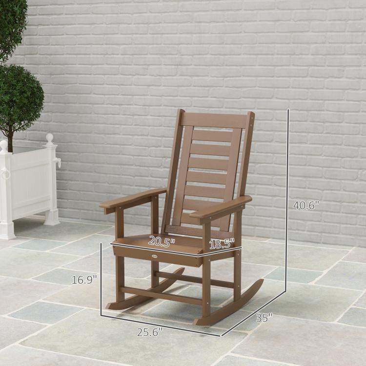 Brown rocking chair with tall slatted back, wide armrests, and slatted seat