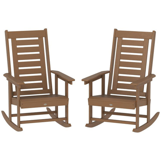 Pair of brown high-back slatted rocking chairs with wide armrests