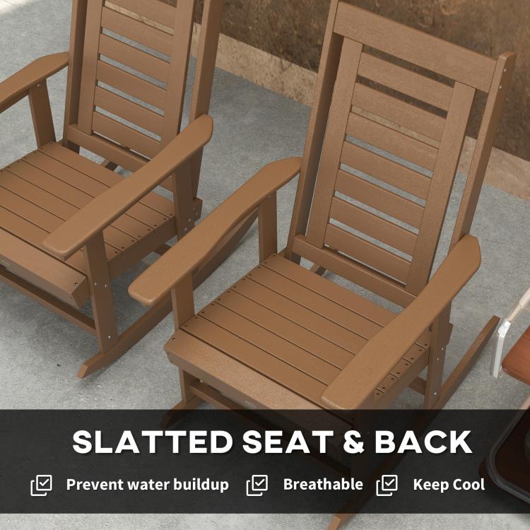Brown slatted seat and back on a rocking chair with wide armrests
