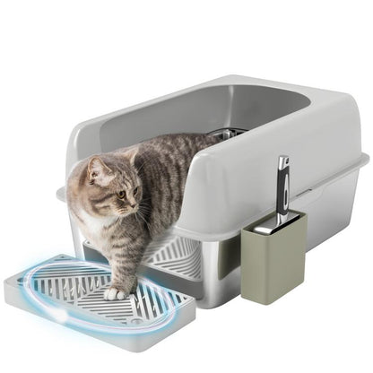 Light gray high-sided stainless steel cat litter box with metal scoop holder