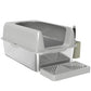 Light gray stainless steel cat litter box with side scoop holder and step ramp