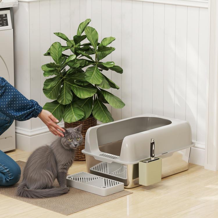 Light gray cat litter box with metal scoop holder and two-piece litter stairs