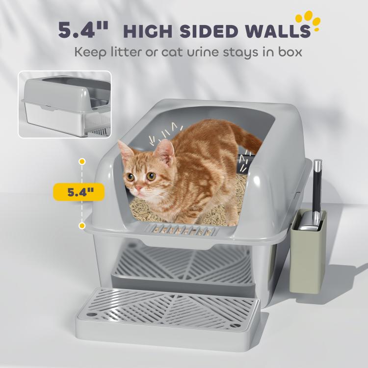 Light gray high-sided cat litter box with open top, grating base, metal scoop holder