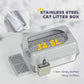 Light gray stainless steel cat litter box with metal scoop and scoop holder