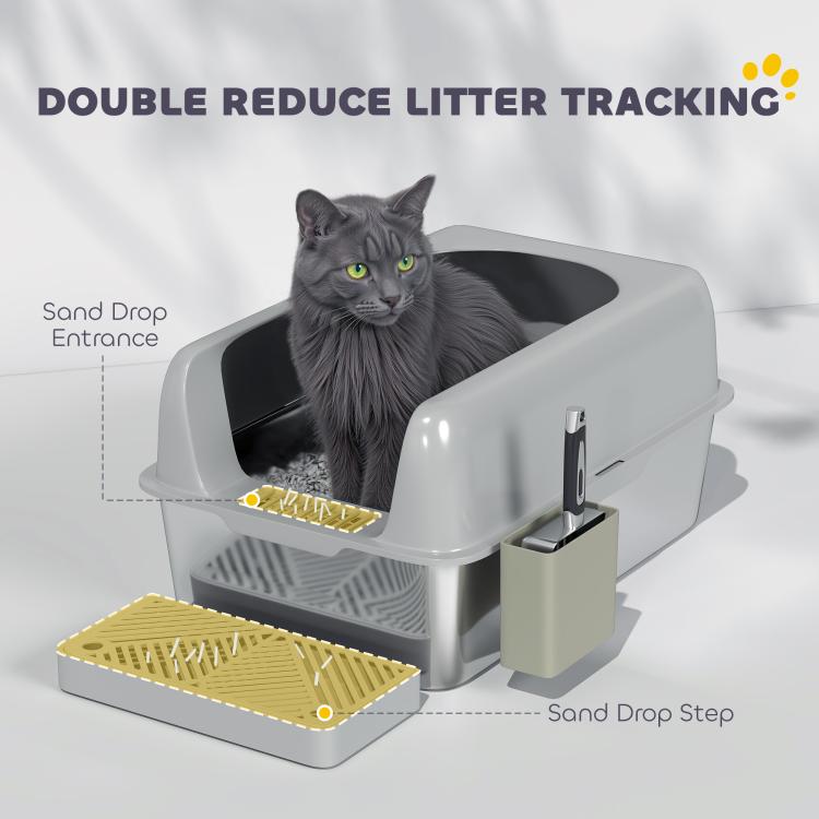 Light gray cat litter box with sand drop step and metal scoop holder