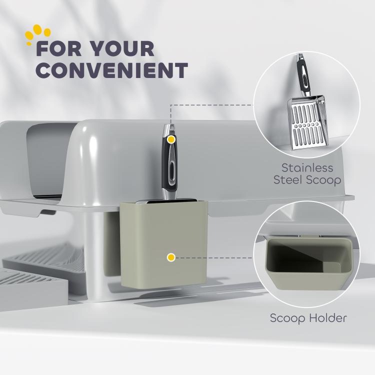 Light gray cat litter box with metal scoop and clip-on scoop holder
