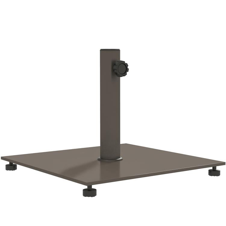 Square patio umbrella base with dark brown metal pole and adjustable foot pads