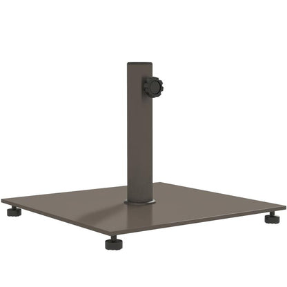 Square patio umbrella base with dark brown metal pole and adjustable foot pads