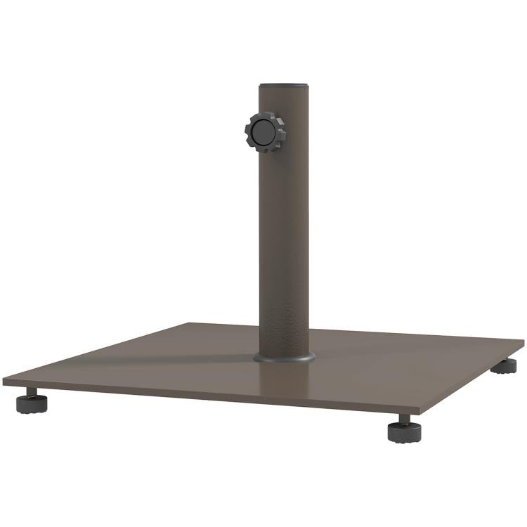Square umbrella stand base with dark brown pole and circular tightening knob on top