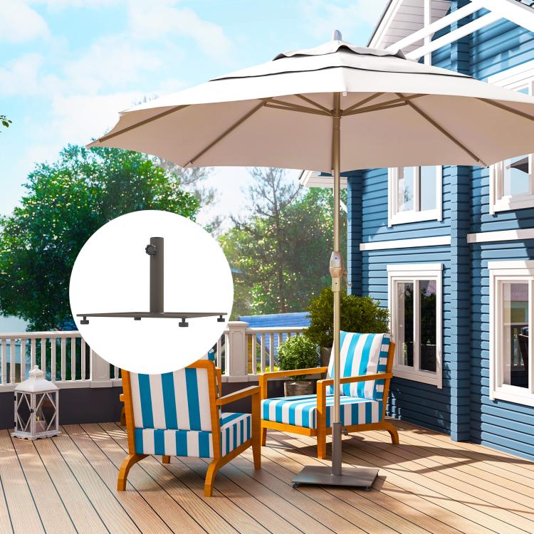 Umbrella base with dark brown square tray and vertical pole on outdoor deck