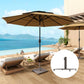 Brown metal patio umbrella base with vertical pole centered on square tray