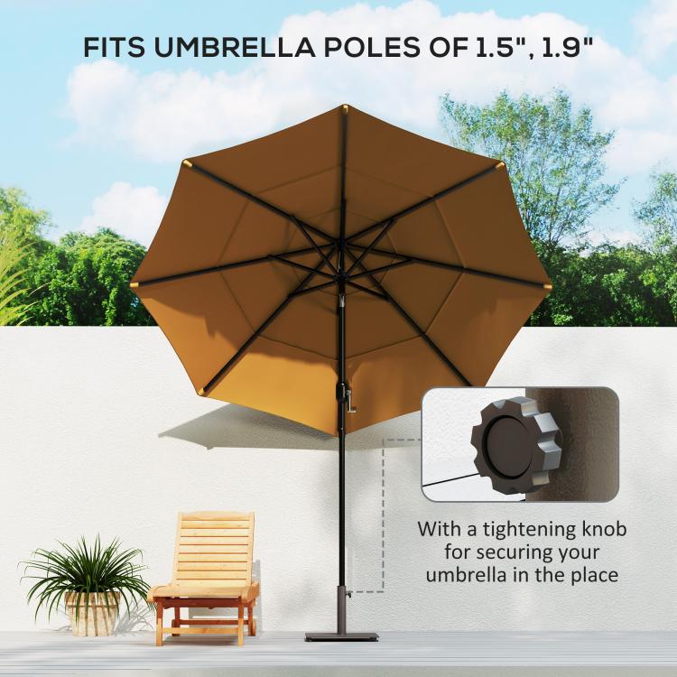 Brown umbrella base with square tray, vertical pole, and side knob for pole clamp