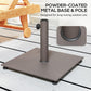 Powder-coated metal umbrella base with rounded collar and vertical pole on square tray