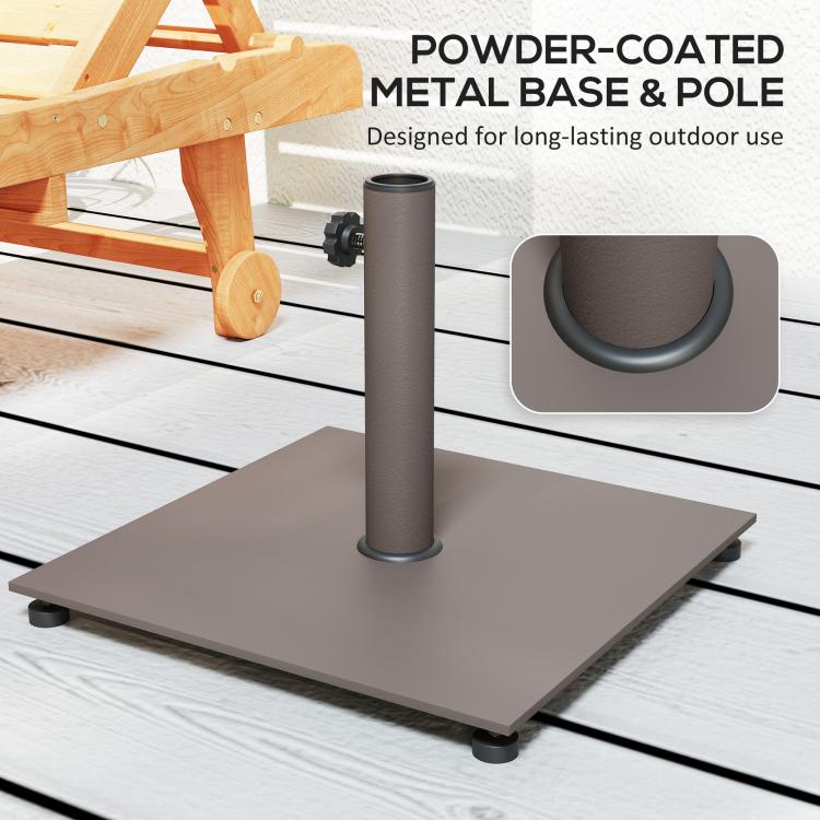 Powder-coated metal umbrella base with rounded collar and vertical pole on square tray