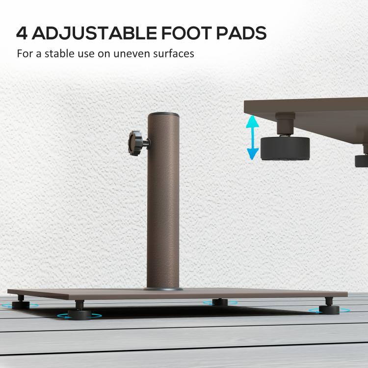 Dark brown umbrella base with four adjustable foot pads under square tray