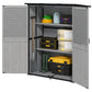 Gray outdoor storage shed open to show two shelves and organized interior