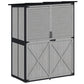 Gray wooden storage shed with two louvered doors, cross-braced base, and corner feet