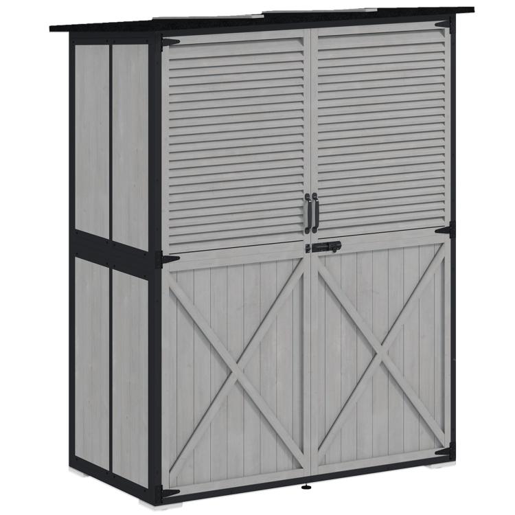 Gray wooden storage shed with two louvered doors, cross-braced base, and corner feet