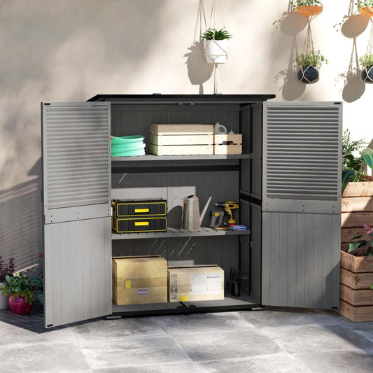 Wood Storage Shed, Outdoor Garden Shed with Asphalt Roof, 2 Shelves, Lockable Doors and Adjustable Feet, Gray