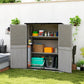 Gray outdoor wooden storage shed with louvered shutters and hinged doors