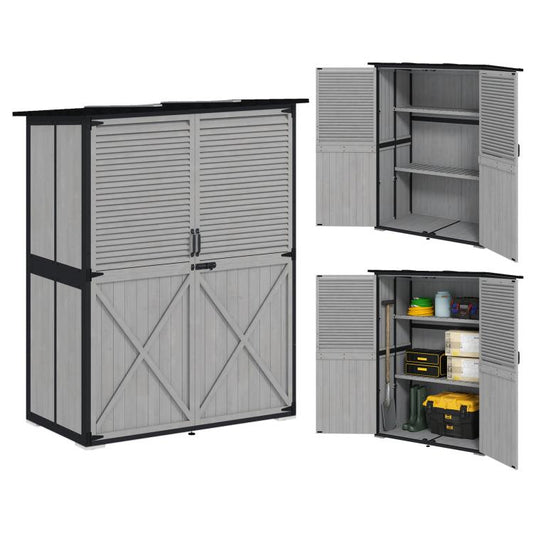 Wood Storage Shed, Outdoor Garden Shed with Asphalt Roof, 2 Shelves, Lockable Doors and Adjustable Feet, Gray