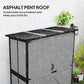 Gray storage shed exterior with black asphalt roof and double shutter doors