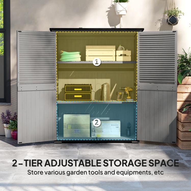 Gray outdoor shed with doors open, showing two-tier adjustable storage shelves